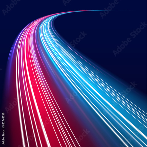 Futuristic neon laser streaks curve along city streets. Purple, blue and red light waves, motion trails, energy lines mix with police flashes highlighting traffic movement. Vector illustration.
