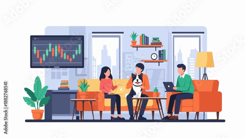 Casual gathering with dog, laptop, and stock market screen
