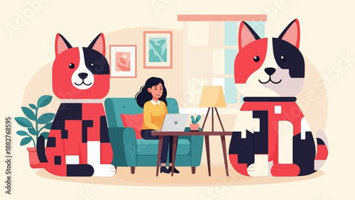 A woman works on her laptop while two stylized dogs sit beside her in a cozy room