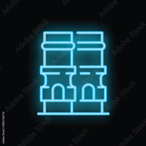 Glowing neon line icon representing the facade of an italian building, evoking travel and history