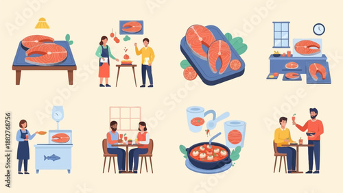 Collection of scenes featuring salmon, cooking, and dining, showcasing food preparation and enjoyment
