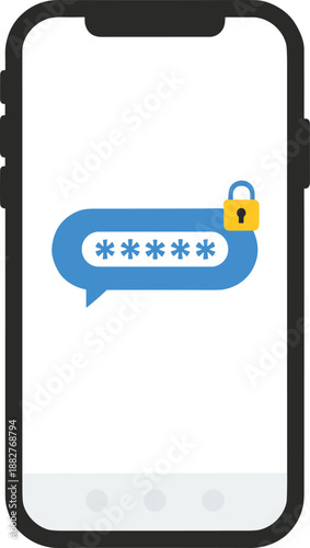 Secure mobile password concept smartphone screen showing masked password with padlock icon, encrypted messaging, privacy protection, cybersecurity and user authentication