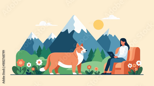 A woman works on a laptop while her dog watches in a mountain landscape