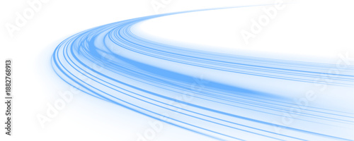 Neon laser speed lines flow along city highway. Blue light trails, wave energy, motion lines, swirl patterns, and cold wind create futuristic traffic visuals. Vector illustration PNG.