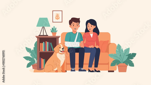 Couple and dog relax at home, one with a bandaged arm