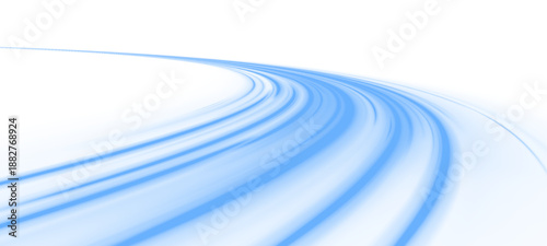 Glowing neon laser streaks flow across urban road. Motion lines, blue energy waves, trail patterns, air currents, whirlwind effects illustrate dynamic futuristic traffic speed. Vector illustration PNG