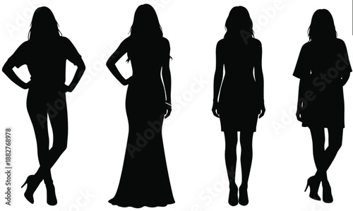 Four female fashion silhouettes in varied poses showcasing dresses, pants, high heels and casual styles on white background vector illustration