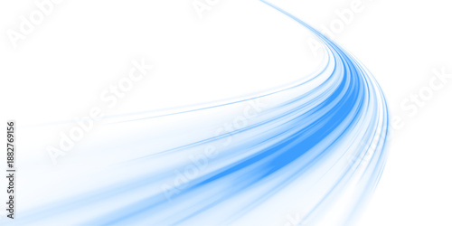 Glowing neon laser streaks flow across urban road. Motion lines, blue energy waves, trail patterns, air currents, whirlwind effects illustrate dynamic futuristic traffic speed. Vector illustration PNG