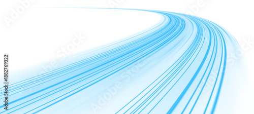 Neon laser speed lines flow along city highway. Blue light trails, wave energy, motion lines, swirl patterns, and cold wind create futuristic traffic visuals. Vector illustration PNG.