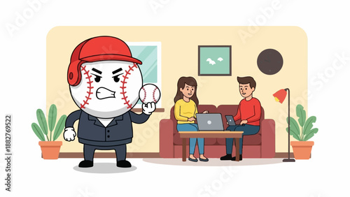 Cartoon baseball character in suit threatens couple using laptops at home