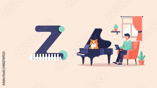 Animated letter Z with piano keys, dog, and man with laptop