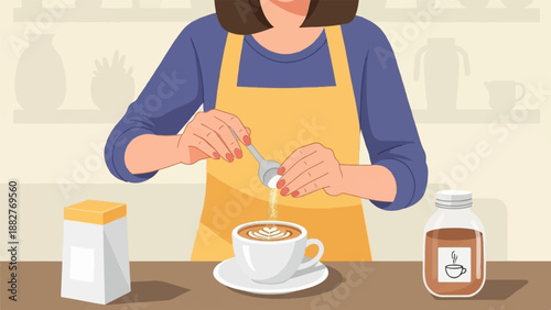 Barista adding sugar to a latte with latte art