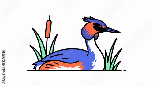 Cartoon bird resting near reeds and grass on a white background