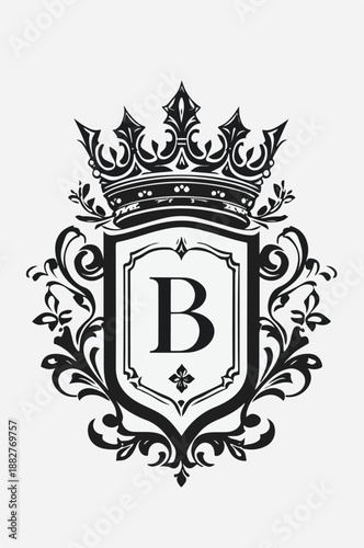 Royal Crest with Letter B – Ornate Shield, Crown, and Floral Scrollwork Emblem
