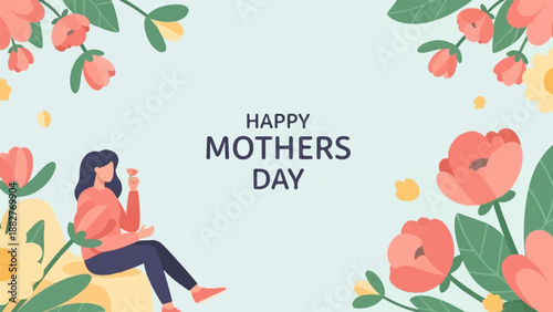 A woman sits among flowers, holding a bloom, with "Happy Mother's Day" text