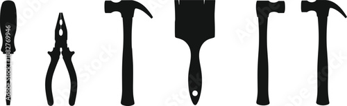 Black silhouette tool set featuring screwdriver, pliers, claw hammers and paintbrush on white background for DIY, construction, repair, and maintenance illustrations