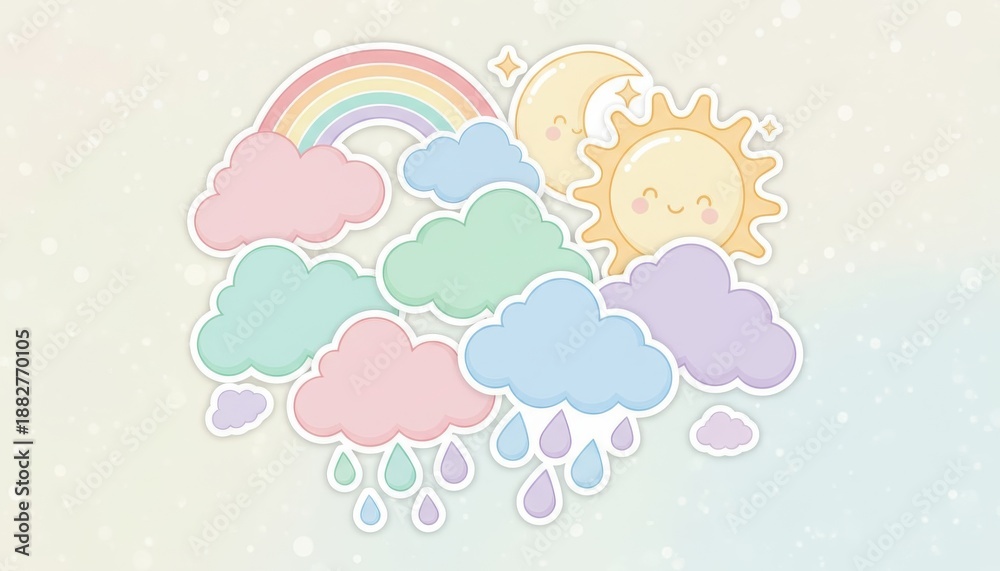 Fototapeta premium A whimsical illustration featuring colorful clouds, a rainbow, a smiling sun, and playful raindrops against a soft background.