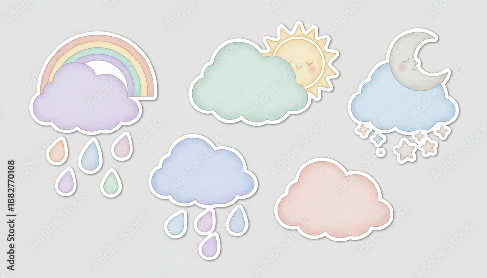 Fototapeta premium A collection of whimsical, pastel-themed cloud illustrations featuring a rainbow, sun, moon, and raindrops.