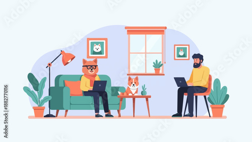 Anthropomorphic dog and man working on laptops in cozy room