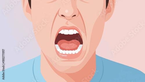 Close-up of a person's mouth open in a shout against a soft pink and purple background