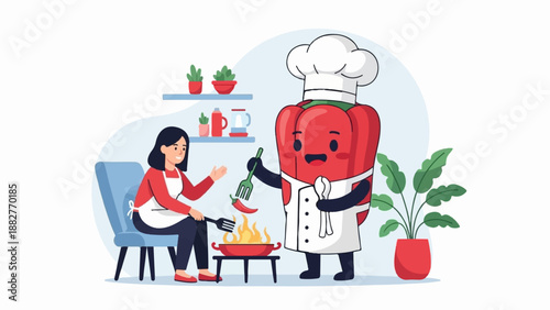 Cheerful cartoon bell pepper chef cooks with a woman in a kitchen