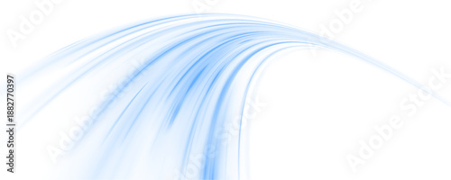 Neon laser speed lines flow along city highway. Blue light trails, wave energy, motion lines, swirl patterns, and cold wind create futuristic traffic visuals. Vector illustration PNG.