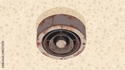 Close-up view of a rusty, circular vent against a speckled wall