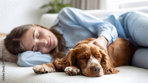 Sleeping Comfort: A serene scene unfolds as a person and their dog share a moment of tranquility and relaxation on a cozy couch. The image embodies the comfort and peacefulness of home.
