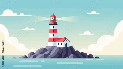 Coastal beacon on rocky outcrop shines light across calm, hazy sea