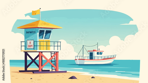 Colorful beach scene with lifeguard tower, boat on water, and sandy shore