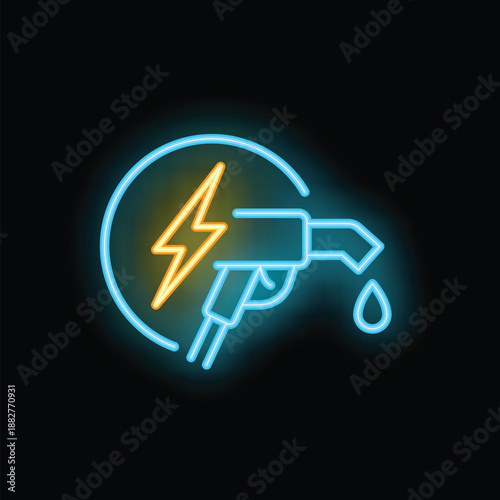 Neon icon of a fuel dispenser pouring electricity, symbolizing an electric vehicle charging station