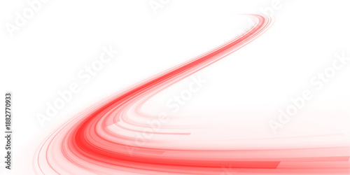 Futuristic red neon laser lines flow along city streets. Blood streaks and police lights highlight motion trails, energy waves, and glowing swirls across urban traffic. Vector illustration PNG.