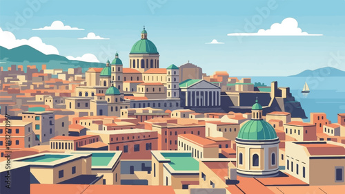 Coastal city with domed buildings and a distant sailboat under a blue sky