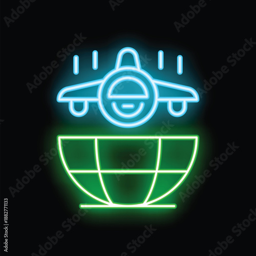 Bright neon icon of an airplane taking off over a globe, representing the concept of international travel