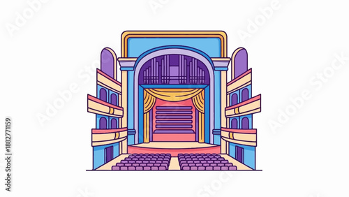 Colorful cartoon illustration of an opera house interior with an organ