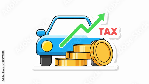 Blue car with increasing tax graph and gold coins