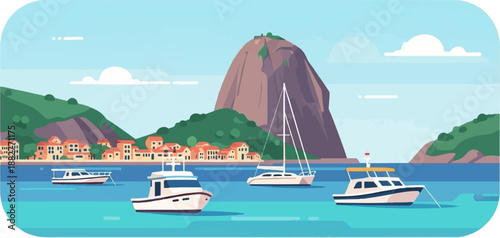 Coastal town with sailboats and motorboats in blue ocean water