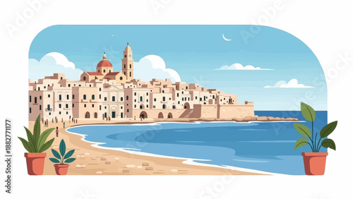 Coastal town with tiled roofs, beach, and blue sea under a crescent moon