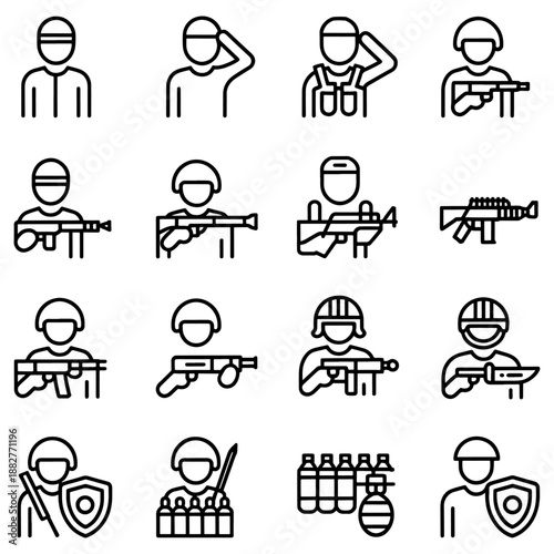 Qualityful Tank, weapon, soldier, war equipment, and vehicles military and army line icon set