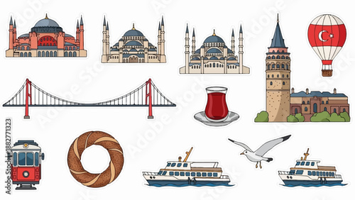 Collage of iconic Istanbul landmarks and symbols, including mosques, bridges, and ferry
