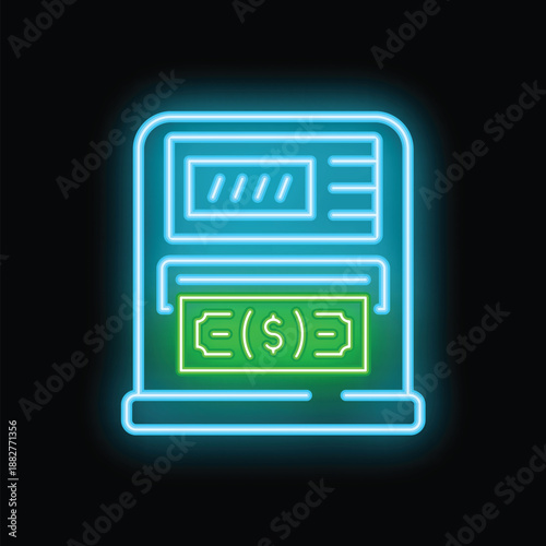 Neon atm machine dispensing cash, representing financial transactions and banking services