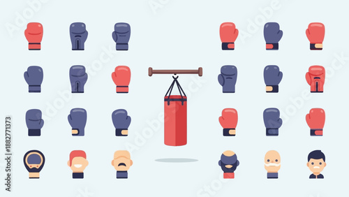 Boxing gloves and punch bag in rows, with boxers' heads below