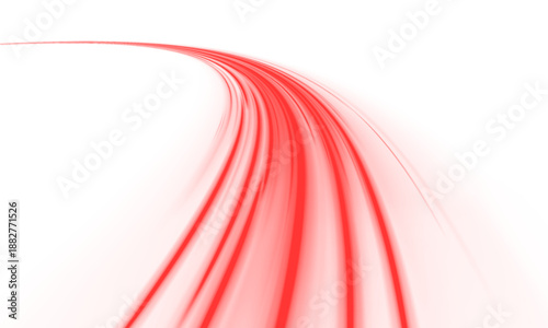 Futuristic red neon laser lines flow along city streets. Blood streaks and police lights highlight motion trails, energy waves, and glowing swirls across urban traffic. Vector illustration PNG.