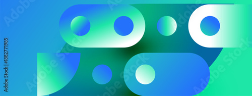 Abstract shapes, vibrant blues, greens create modern design. Overlapping circles, rectangles suggest depth, movement. Gradient colors enhance visual appeal.