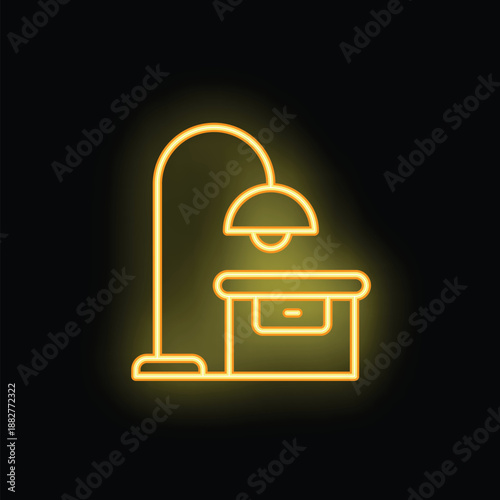 Yellow glowing neon icon of a floor lamp standing near a nightstand with an open drawer on a black background