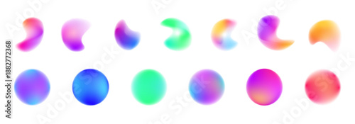 A vibrant abstract gradient circle carries liquid neon colors, scattered blot drops reflect light. Compact form enhances bold rounded shape. Vector png banner symbol.