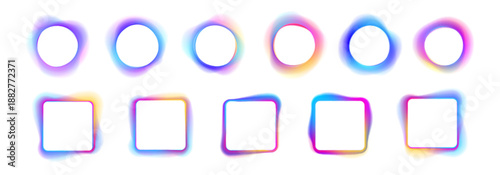 Bright neon set circle, square shape with vibrant gradient glow on white PNG vector background. Smooth luminous ring with soft light edges and reflections. Abstract futuristic glowing round element.