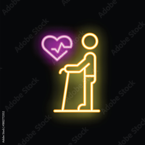 Neon sign of a senior patient walking with a stick and a heart with a heartbeat line