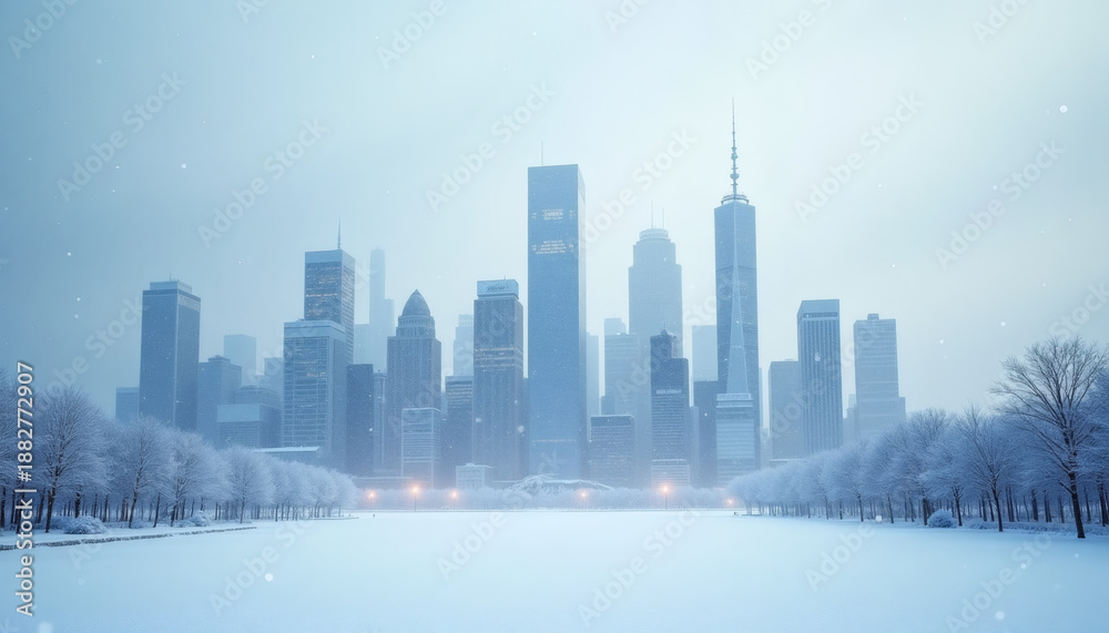 Fototapeta premium Winter city skyline covered with snow and frost, modern urban landscape with skyscraper, calm cold atmosphere and copy space