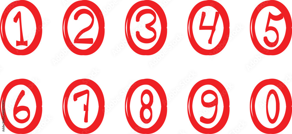 Fototapeta premium Collection of ten digits numbered one through zero displayed inside bright red circles against a plain white background.